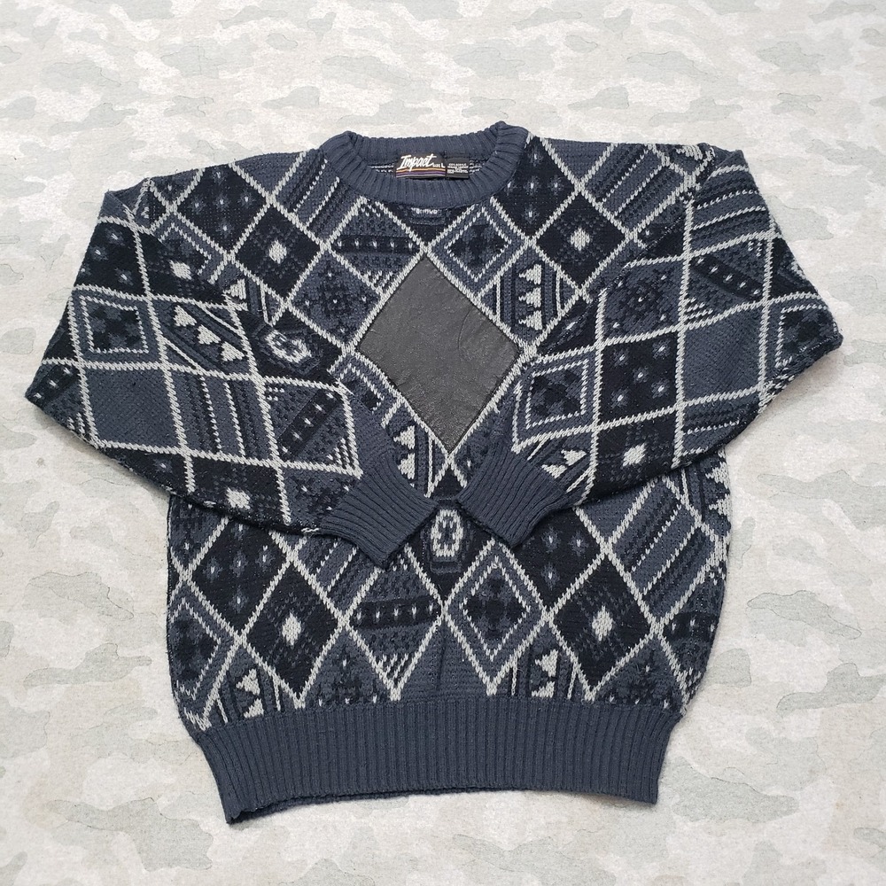 Vintage Impact Sweater Mens Large Gray Pullover Long Sleeve Geometric